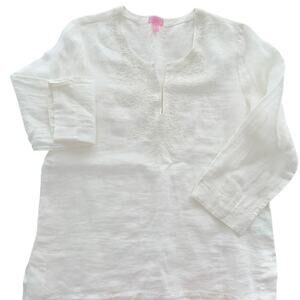 Lilly Pulitzer Tunic Beaded Embroidered Sarasota Linen White Large Cotton